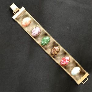 VINTAGE Scarab Cabochon Gold Mesh Bracelet